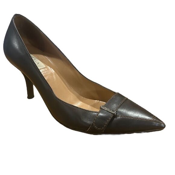 Furla Leather Dark Chocolate Brown Pointed Toe Loafer Kitten Heels, size 37 - Picture 2 of 11